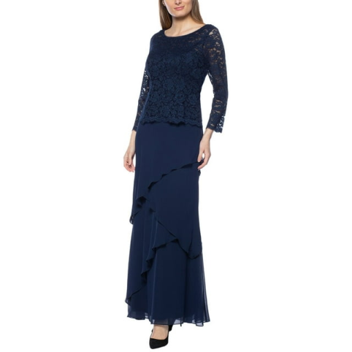 Nightway Long Multi Deco Sequins W V Front and Back, Navy Blue, 10P