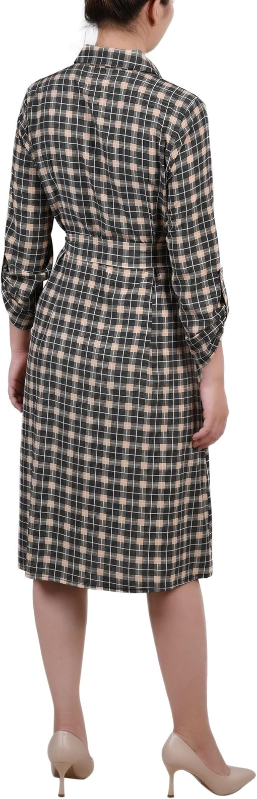 Ny Collection Petite Printed Long Sleeve Roll Tab Shirtdress - Beige Jet Benplaid PXL - Image 2