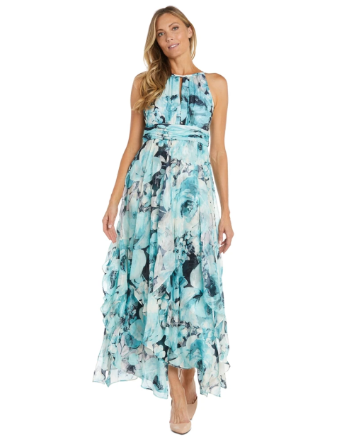 R & M Richards Petite Floral-Print Halter Maxi Dresses - Black/Aqua size:10P