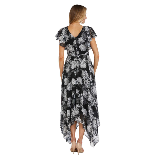 Nightway Women's Black Ground Floral Print W Mock Wrap Bodice Tie Waist Flutter Sleeves and Hanky Hem, 8 - Image 2