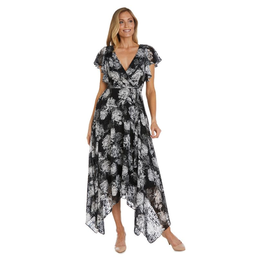 Nightway Women's Black Ground Floral Print W Mock Wrap Bodice Tie Waist Flutter Sleeves and Hanky Hem, 8