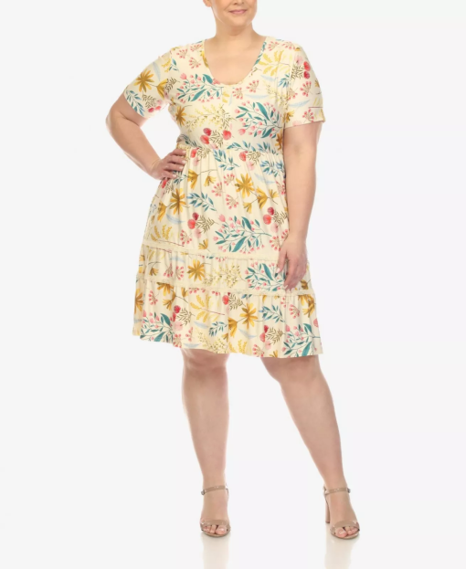 White Mark Women's Plus Size Floral Short Sleeve Knee Length Dress, Beige, 2X