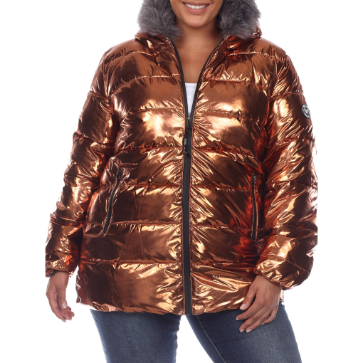 White Mark Plus Size Metallic Puffer Coat with Hoodie - Brown - 3X