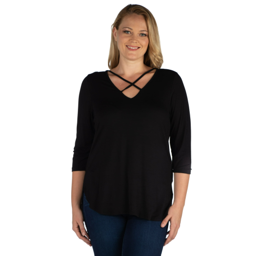 24 Seven Women's Plus Size Criss Cross Detail Tunic Top - Black no size