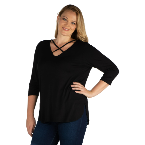 24 Seven Women's Plus Size Criss Cross Detail Tunic Top - Black no size - Image 2