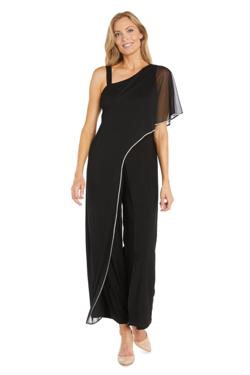 R & M Richards Women's Asymmetric Rhinestone-Trim Draped Jumpsuit - Black Size 12