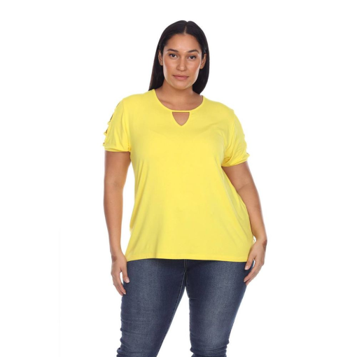 White Mark Plus Size Keyhole Neck Cutout Short Sleeve Top - Yellow 3XL