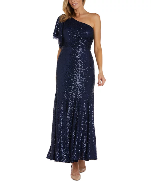 Nightway Women's Long One Shoulder Flutter Sleeve Sequin W Side Draped Bodice, Navy Blue, 6 - Image 3