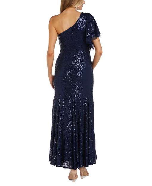 Nightway Women's Long One Shoulder Flutter Sleeve Sequin W Side Draped Bodice, Navy Blue, 6 - Image 2