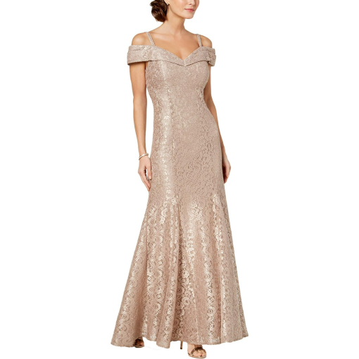 R & M Richards Off-the-Shoulder Petite Lace Gown - Champagne Size 4P