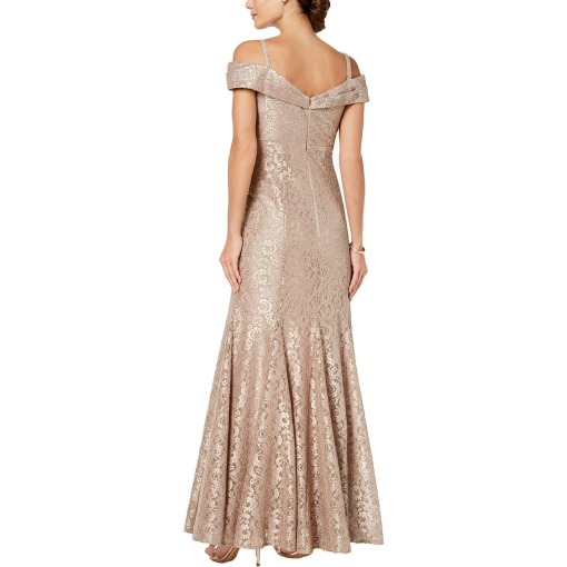 R & M Richards Off-the-Shoulder Petite Lace Gown - Champagne Size 4P - Image 2