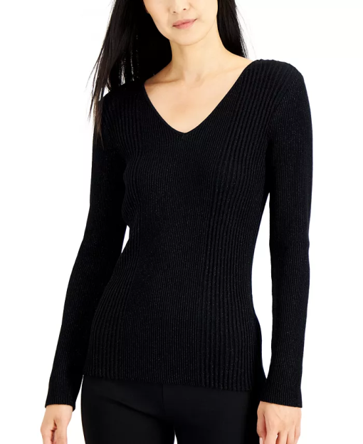 Alfani Women's Metallic Ribbed V-Neck Sweater, forDeep Black L