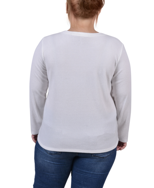 Ny Collection Petite Long Sleeve Ribbed Button Detail Top - Light Charcoal white PL - Image 2