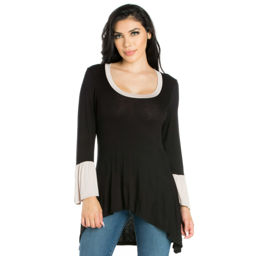 24Seven Comfort Apparel Swing High Low Bell Sleeve Maternity Tunic Top - Black L