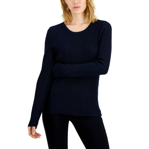 Alfani Women's Metallic Ribbed Sweater,Modern Navy L