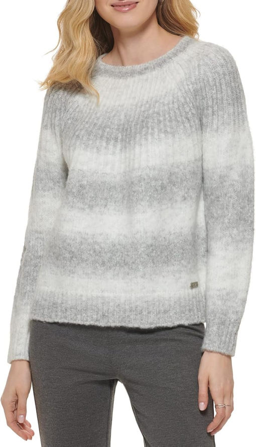 DKNY Women's Ombre Cozy Crewneck Sweater, Flint Heather/Fleece, Large