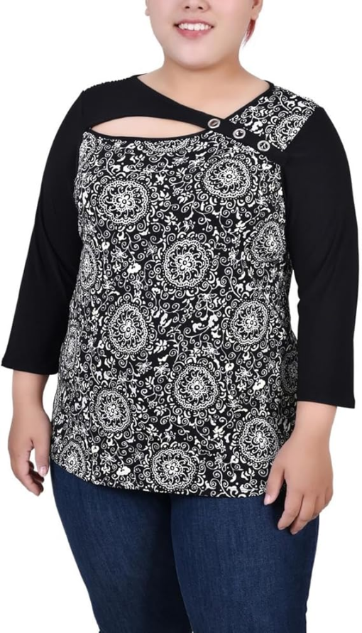 Ny Collection Petite 3/4 Sleeve Puff Print Cutout Top - Black Doralflower Size PXL