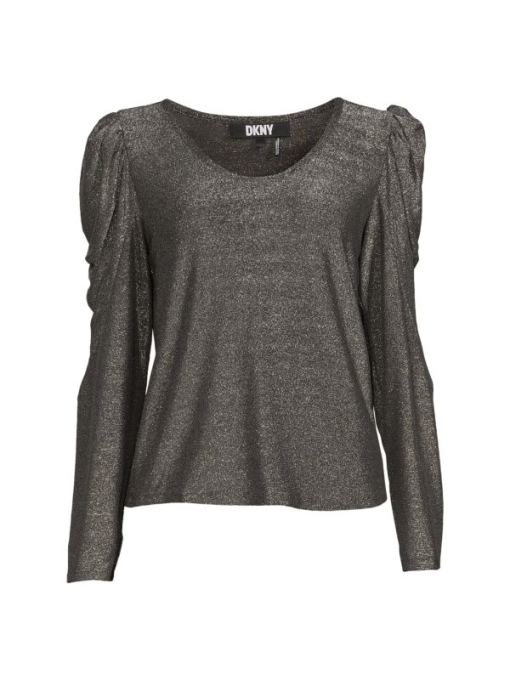 DKNY Women's Scoopneck Puff Sleeve Top - Black Silver - Size M