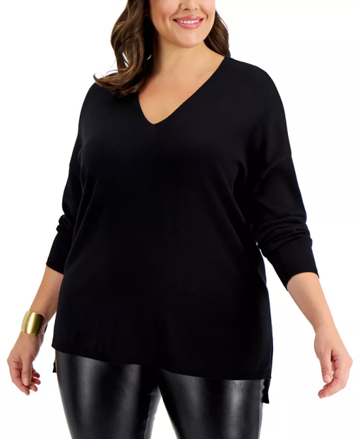 I.n.c. International Concepts Plus Size V-Neck Sweater, Created for Macy's - Deep Black 2X