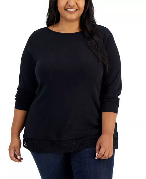 Karen Scott Plus Size Cotton Lace-Hem Top, Created for Macy's - Deep Black 3X