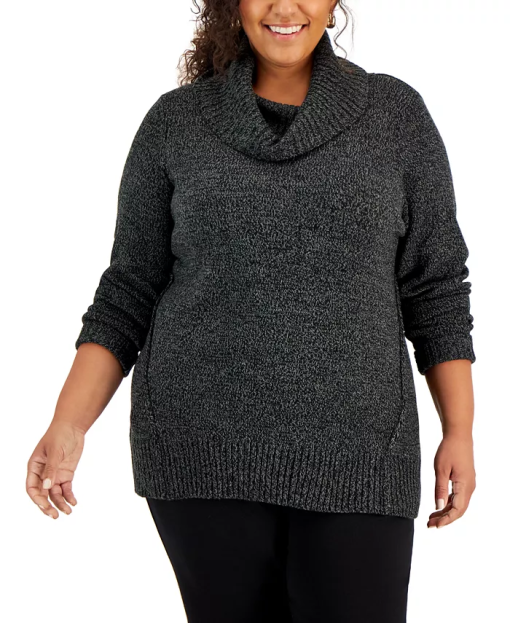 Karen Scott Plus Size Cowlneck Sweater, Created for Macy's - Black Ash Marl 3X