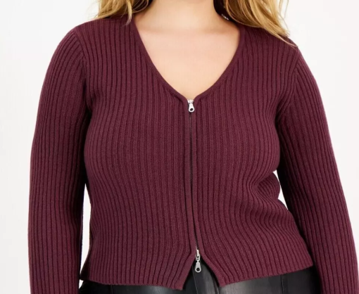 Full Circle Trends Trendy Women's Plus Size 2X V-Neck Zip-up Purple Sweater