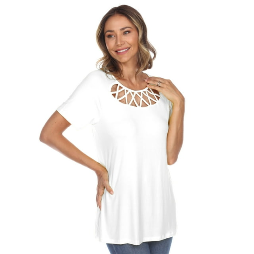 White Mark Plus Womens Cut-Out Round Neck Blouse 1XL