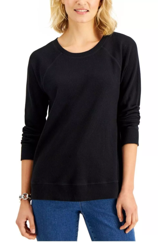 Karen Scott Mini Waffled Crewneck Top, Created for Macy's - Deep Black XL