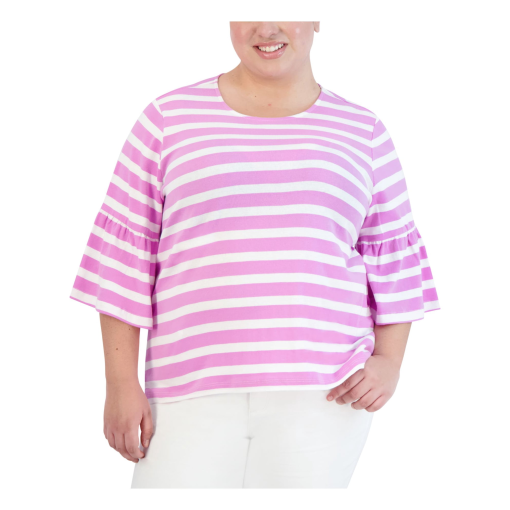 Jones New York Plus Size Cotton Bell-Sleeve Top - NYC White/Pink Lotus 1X