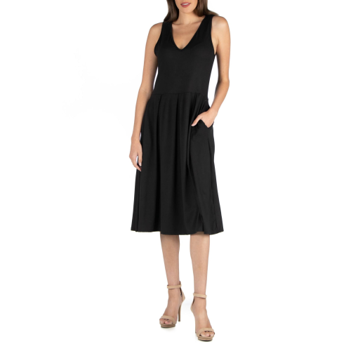 24seven Comfort Apparel Fit and Flare MIDI Sleeveless Dress with Pocket Detail - Black M