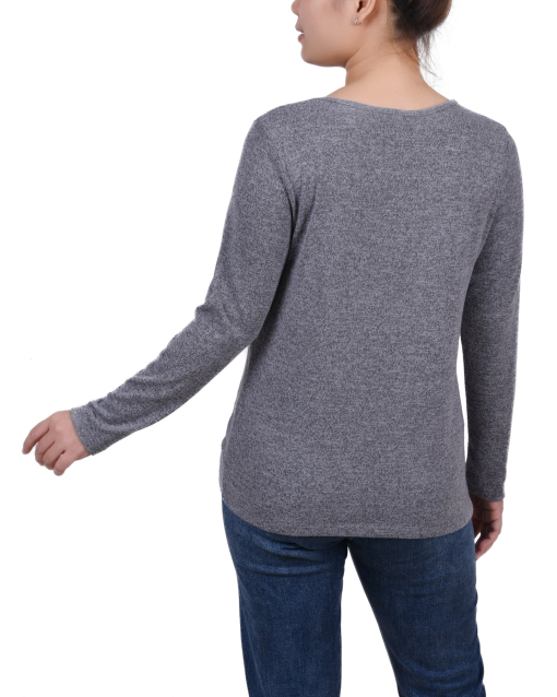 NY collection Petite Long Sleeve Knit Keyhole Top - Charcoal PXL - Image 2