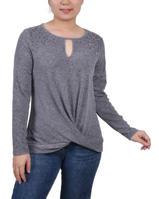 NY collection Petite Long Sleeve Knit Keyhole Top - Charcoal PXL