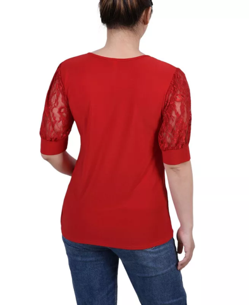 Ny Collection Petite Puff Sleeve Lace Top - Jester Red PM - Image 2