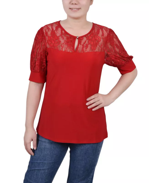 Ny Collection Petite Puff Sleeve Lace Top - Jester Red PM