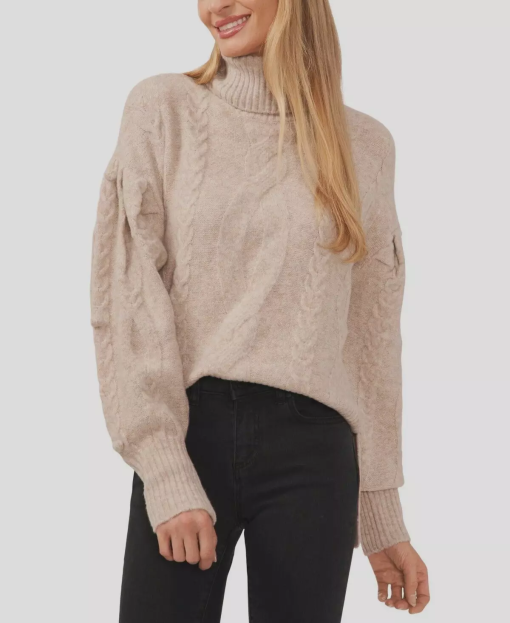 Cece Pompom Mixed Cable Turtleneck Wool-Blend Sweater M