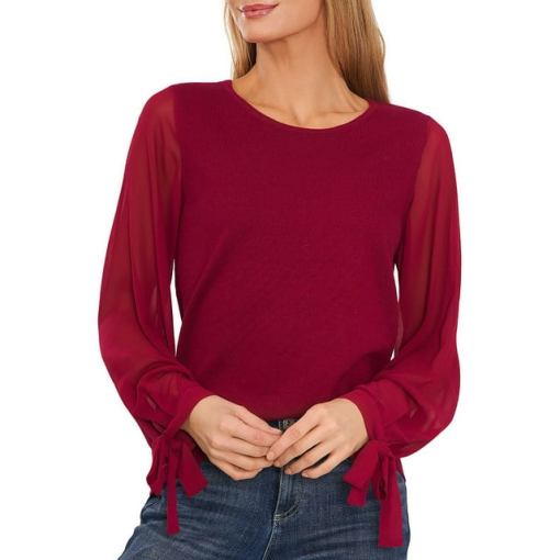 Cece Women's Chiffon Pleated Long Sleeve Crew Neck Sweater Size M