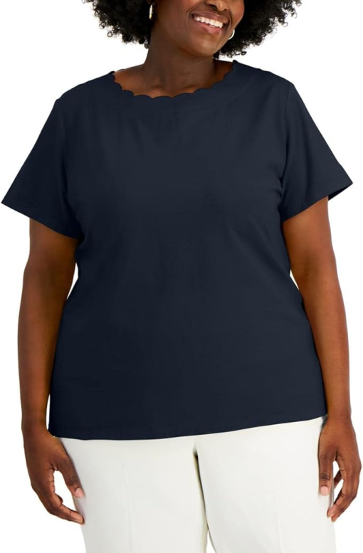 ANNE KLEIN Womens Navy Scalloped Short Sleeve Round Neck Wear to Work T-Shirt Plus 2X