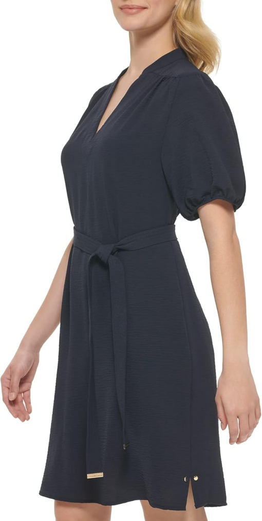 TOMMY HILFIGER Womens Navy Ruched Tie Unlined Pullover Vented Studded Balloon Sleeve Split Above the Knee Shift Dress 2 - Image 3