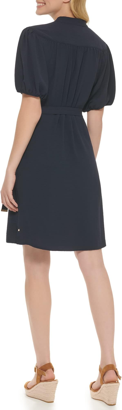 TOMMY HILFIGER Womens Navy Ruched Tie Unlined Pullover Vented Studded Balloon Sleeve Split Above the Knee Shift Dress 2 - Image 2