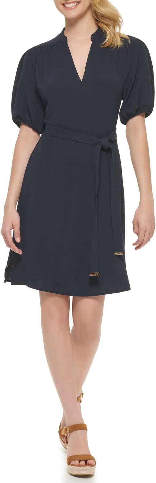 TOMMY HILFIGER Womens Navy Ruched Tie Unlined Pullover Vented Studded Balloon Sleeve Split Above the Knee Shift Dress 2