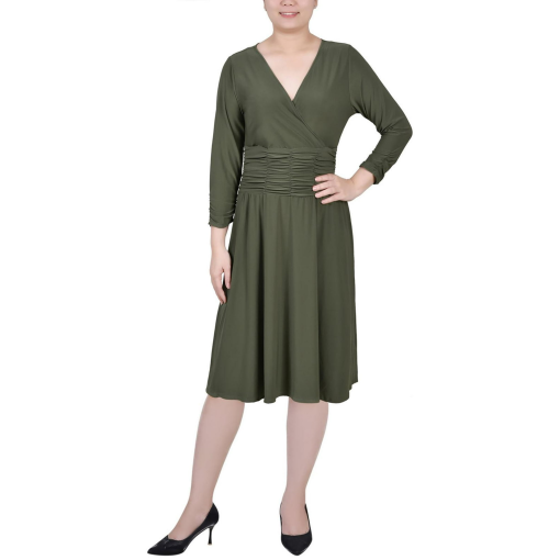 Ny Collection Petite Ruched a-line Dress - Oil Green PM