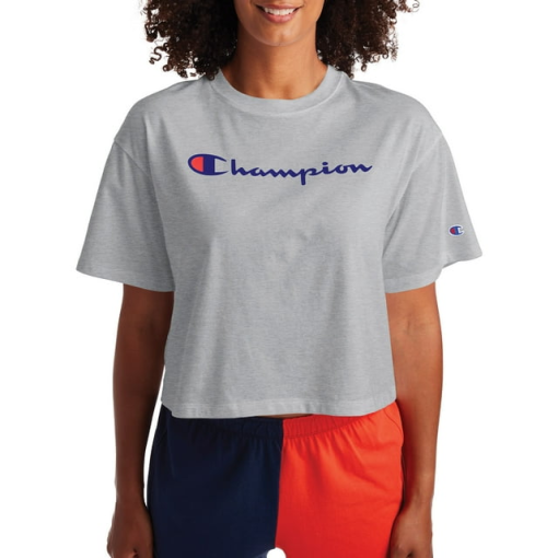 Champion Women's Classic Script Logo Cropped T-Shirt in Grey | Plus Size Small | HerRoom.com