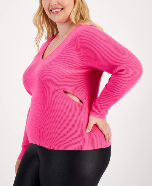 Bar Iii Trendy Plus Size V-Neck Cutout Sweater, Created for Macy's - Pink Shock 2X