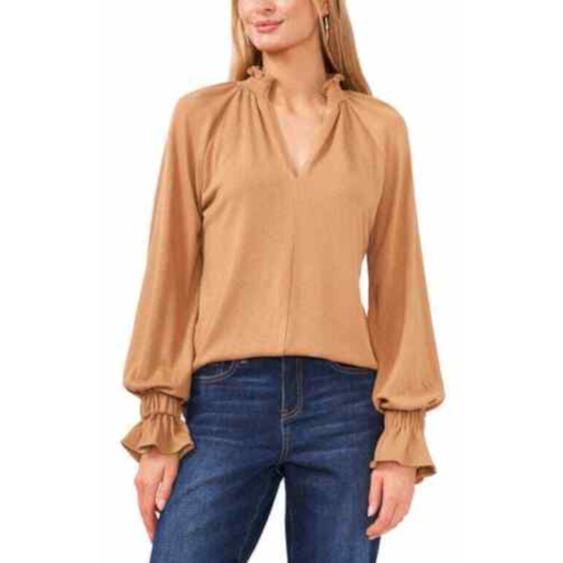 Vince Camuto Womens Beige Smocked Bell Cuffs Long Sleeve Split Sweater Xs - All