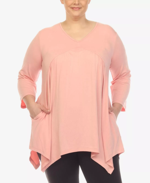 White Mark Plus Size Empire Cut V-neck Tunic Top - Pink 2XL