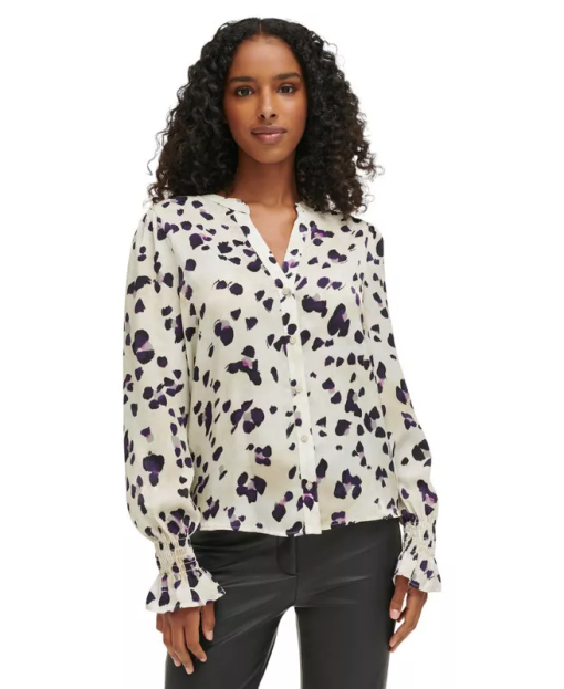 Dkny Women's Split-Neck Printed Top - Pebble/black Multi XL