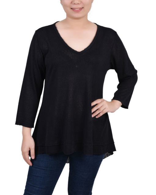 Ny Collection Petite 3/4 Sleeve V-neck Top - Black PXL