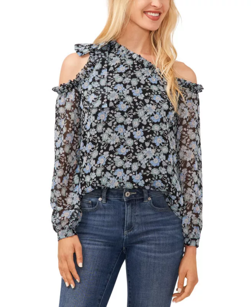 CeCe Womens Floral Print Polyester Blouse L