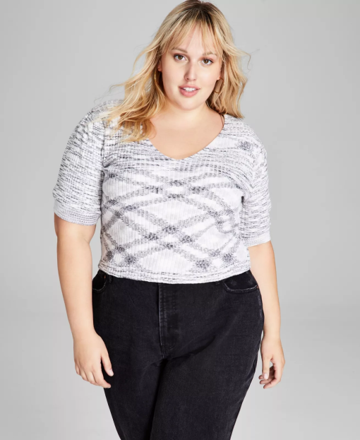 And Now This Trendy Plus Size Space-Dyed Puff-Sleeve Top - Black/white Size 3X