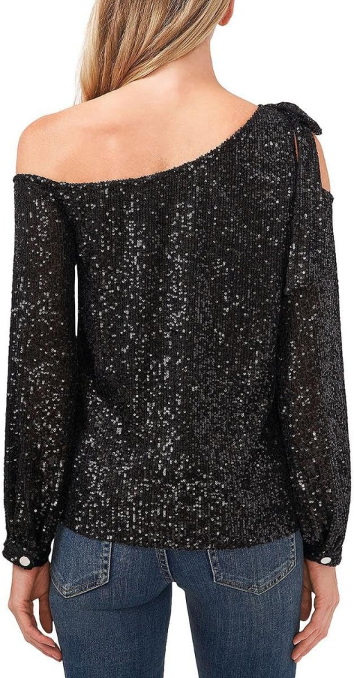 CeCe Women's Long Sleeve Sequin Bow Detail One-Shoulder Top - Rich Black L - Image 2